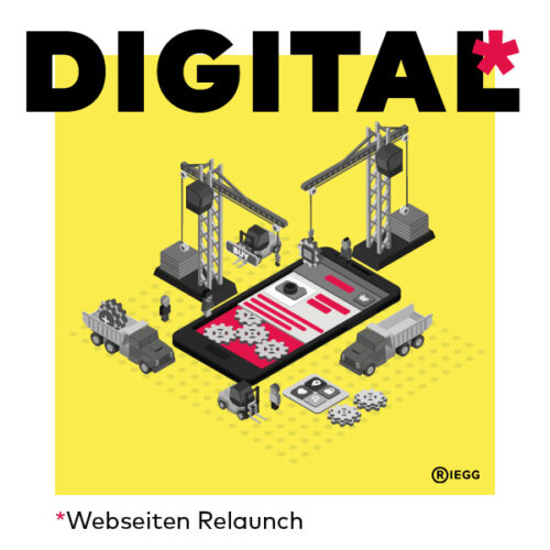 Webseiten Relaunch: Cartoon Darstellung – Kräne und Baustellenfahrzeuge arbeiten an einem Smartphone
