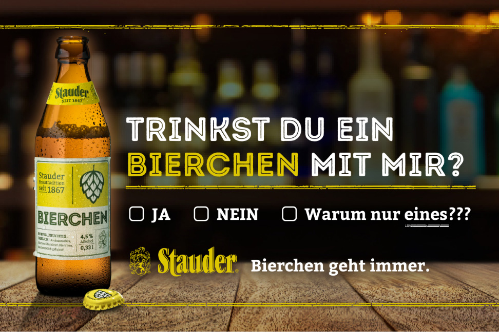 Webbanner für Bierchen mit Flasche und Text "Trinkst du ein Bierchen mit mir? - Ja / Nein / Warum nur EINES???"