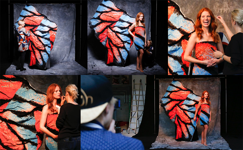 Ein Collage aus mehreren Bildern zeigt, wie das Model für das Feiler-Fotoshooting und das Tuch ins Szene gesetzt werden.