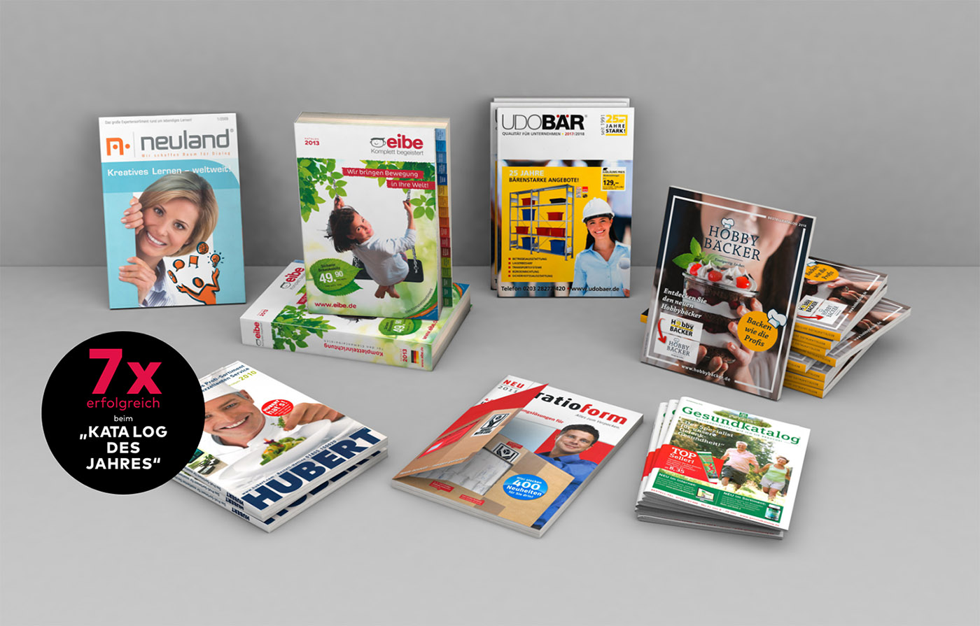 Die sieben Kataloge des Jahres von Riegg Markenkommunikation: Hobbybäcker, Gesundkatalog, ratioform, Hubert, neuland, eibe, Udo Bär